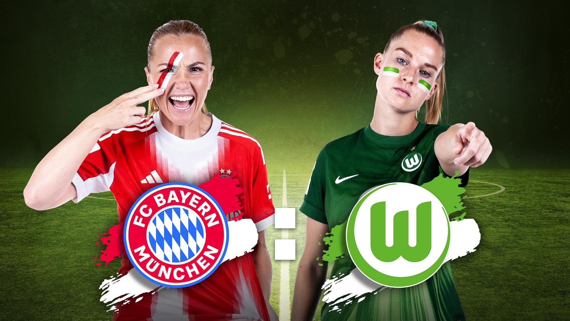 Werbegrafik mit Spielerinnen von FC Bayern München und VfL Wolfsburg mit Vereinslogos.